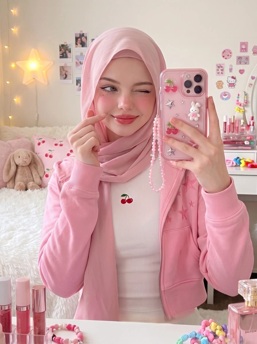 Pink Hijab Bedroom Mirror Selfie output 10