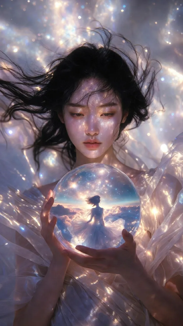 Ethereal Fashion Portrait with a Cosmic Crystal Sphere output 4