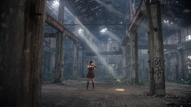 Woman Playing Violin in an Abandoned Industrial Building