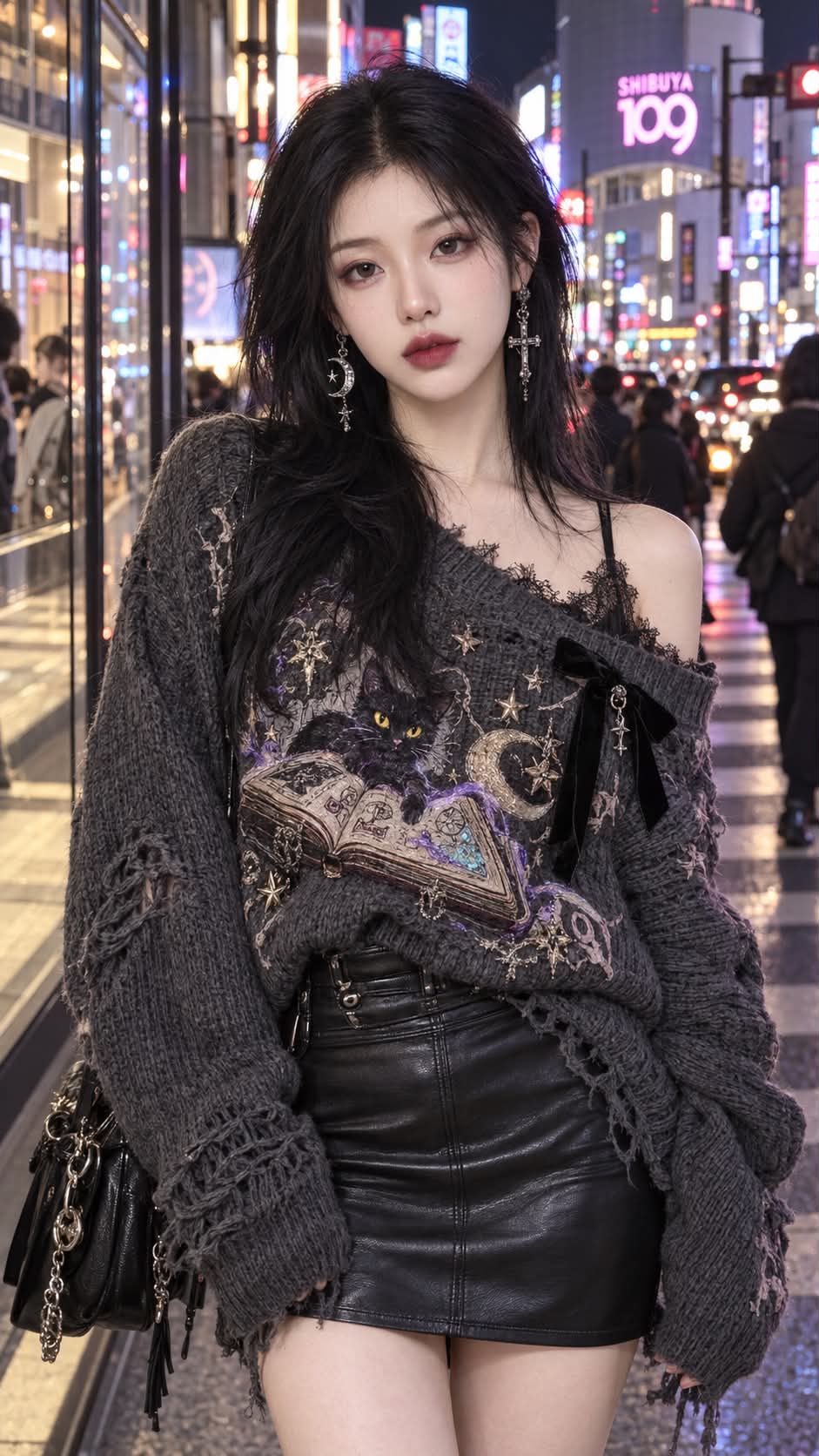Shibuya Night Street Portrait in Embroidered Spellbook Sweater output 1