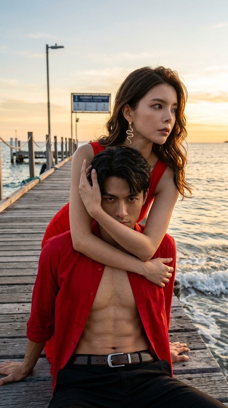 Protective Embrace on a Sunset Pier