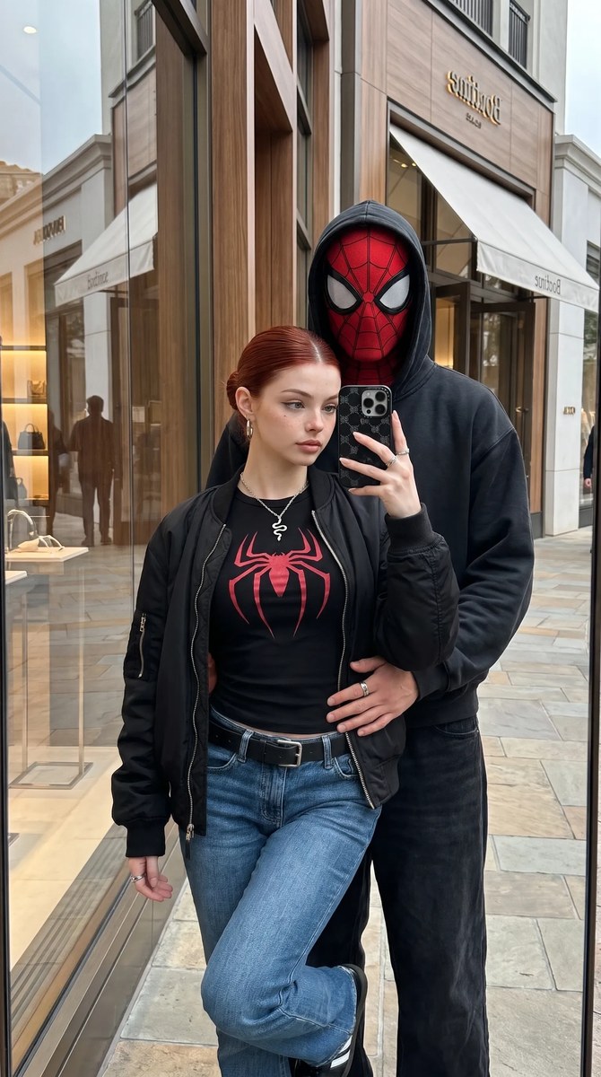 Couple’s Spider-Man Storefront Mirror Selfie