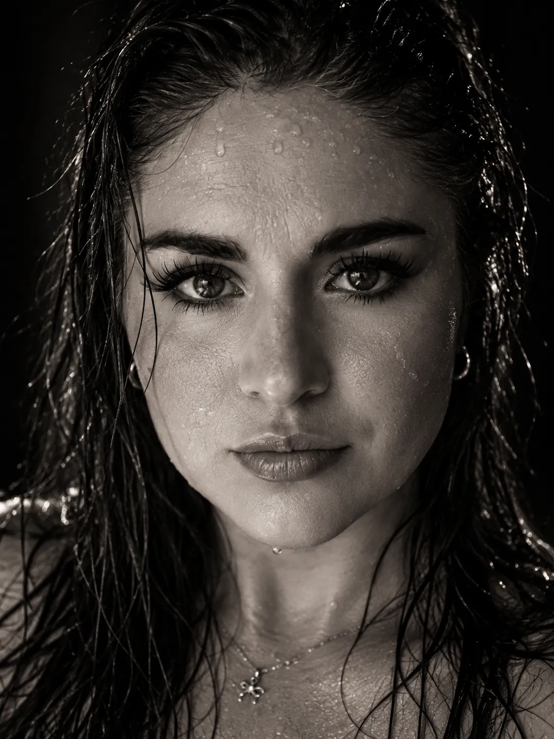 High-Contrast Wet-Hair Black-and-White Portrait