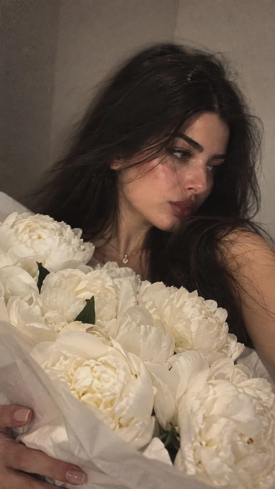 Candid Selfie Behind White Peonies output 2