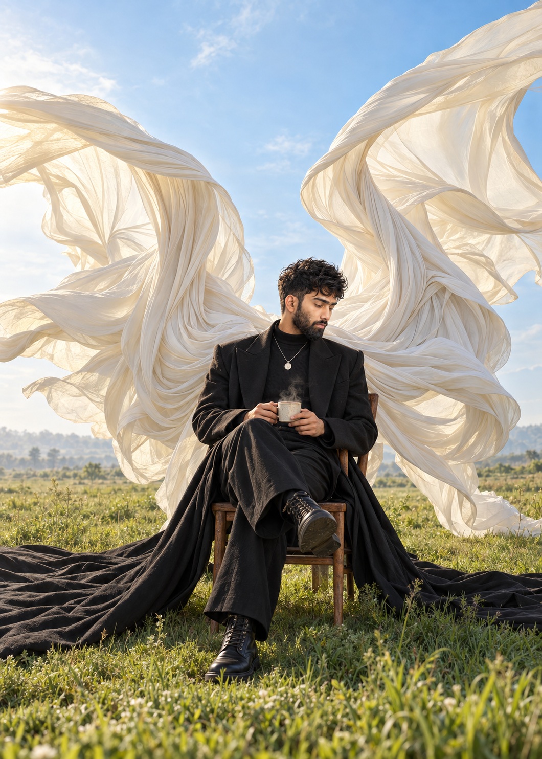 Surreal Meadow Fashion Portrait with Flowing Fabric