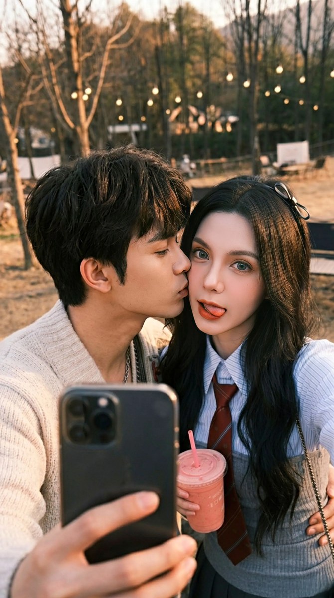 Golden-Hour Forest Café Couple Selfie