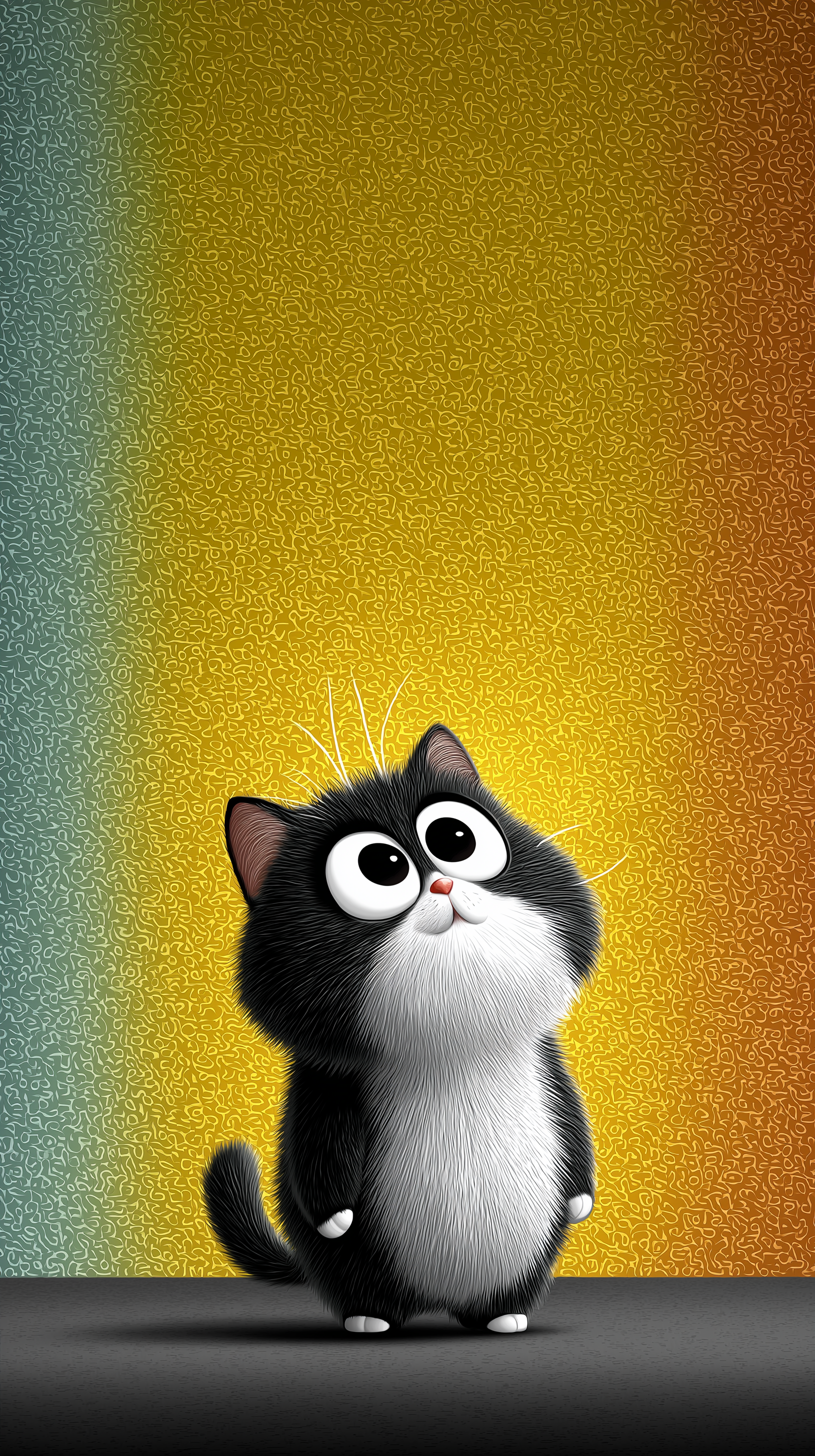 Cute Suspenseful Cat on a Yellow Pastel Rainbow Background