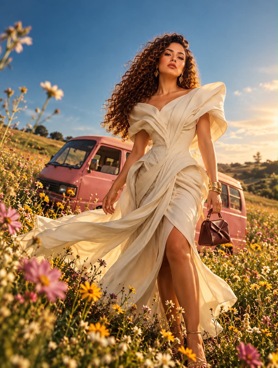 Ivory Bloom Haute Couture in a Wildflower Field