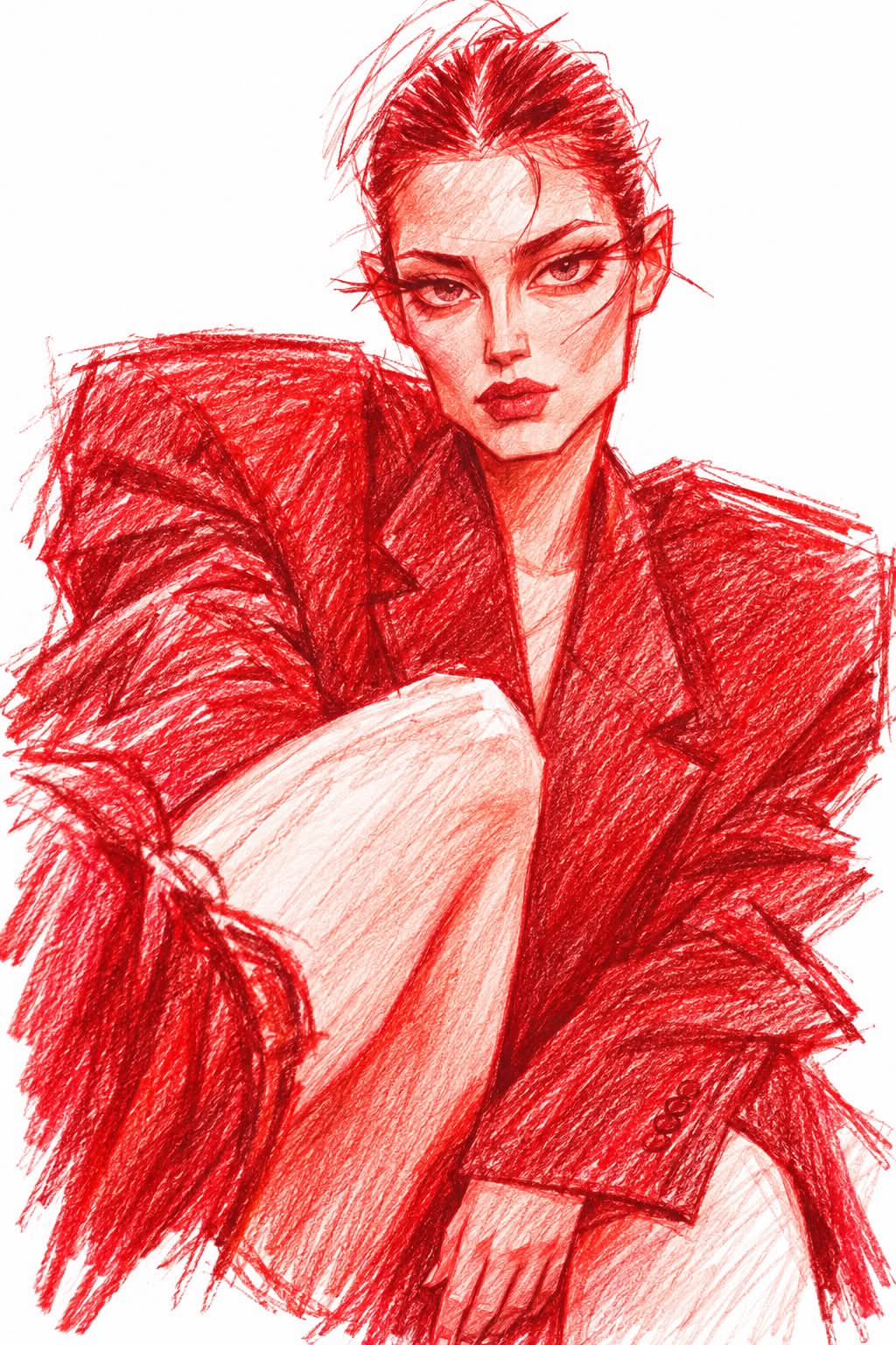 Expressive Red Pencil Fashion Sketch