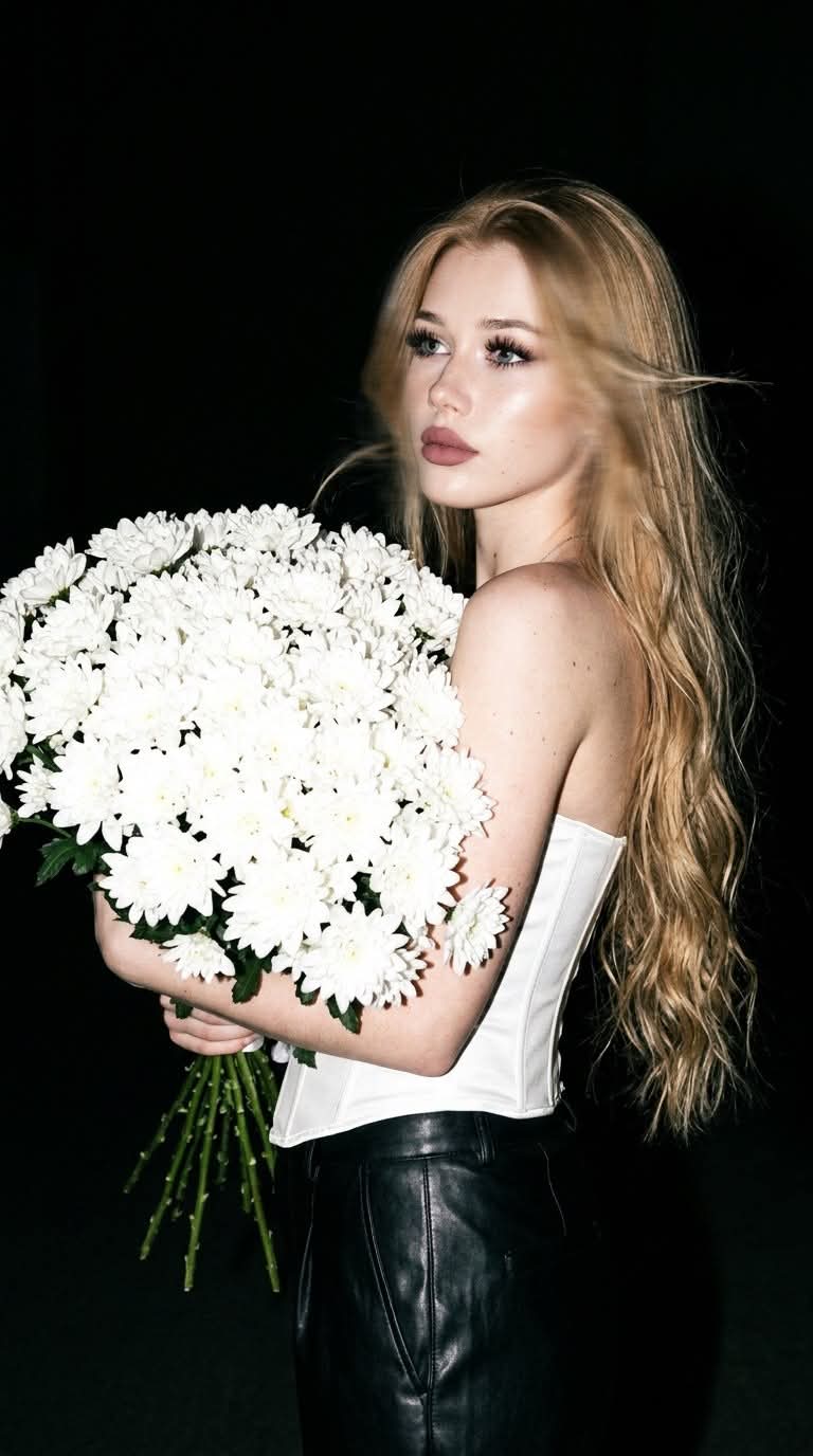 Nighttime Flash Portrait with White Chrysanthemums