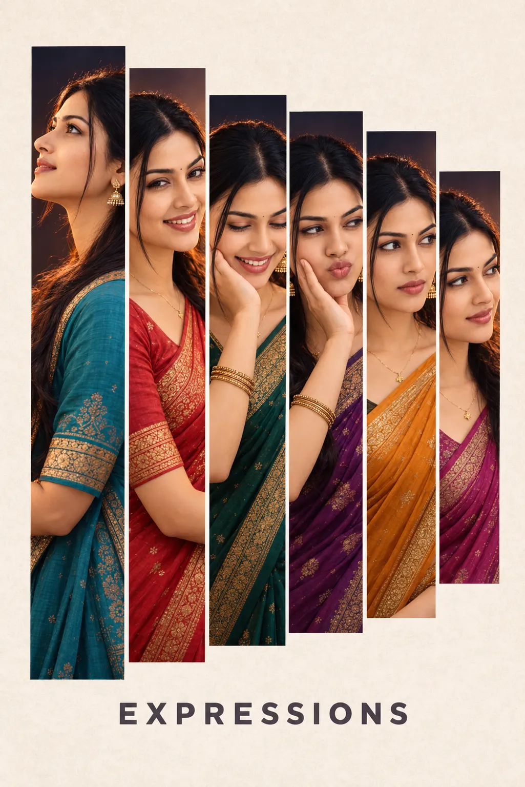 Six-Panel Saree Editorial Portrait Collage