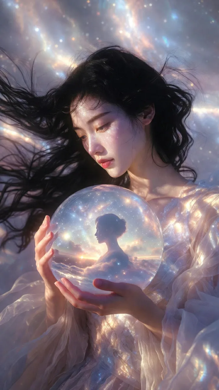 Ethereal Fashion Portrait with a Cosmic Crystal Sphere