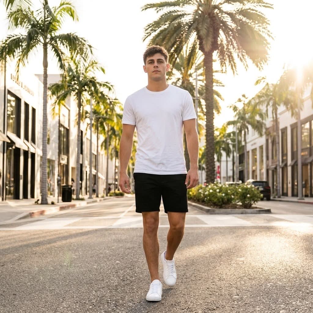Person Walking Along a Beverly Hills Palm-Lined Street