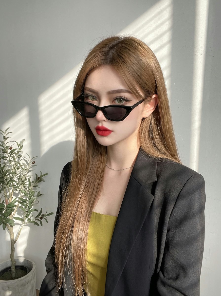 Bold Red Lip Portrait with Dramatic Window Shadows output 1