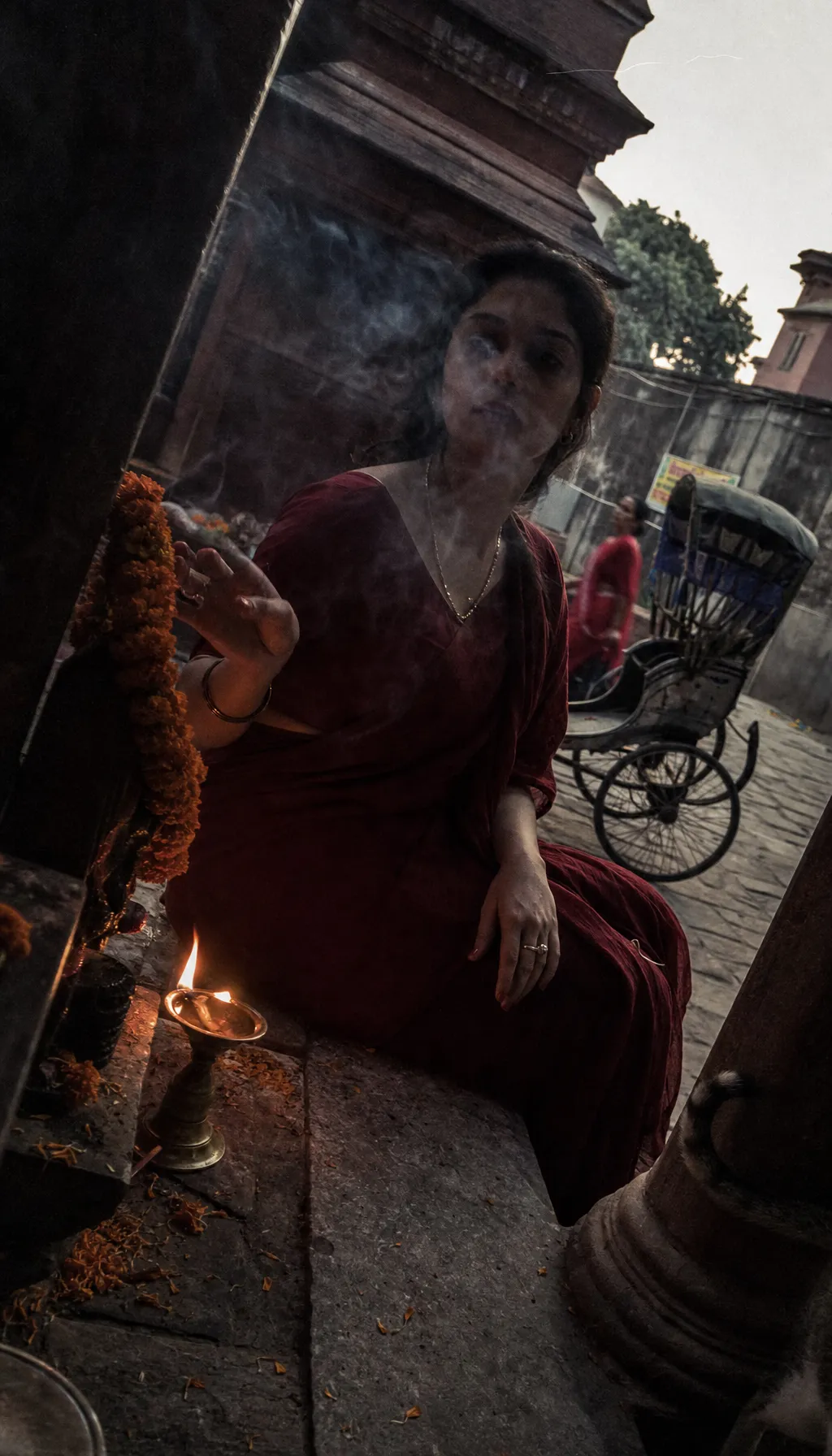 Quiet Temple-Steps Candid Portrait