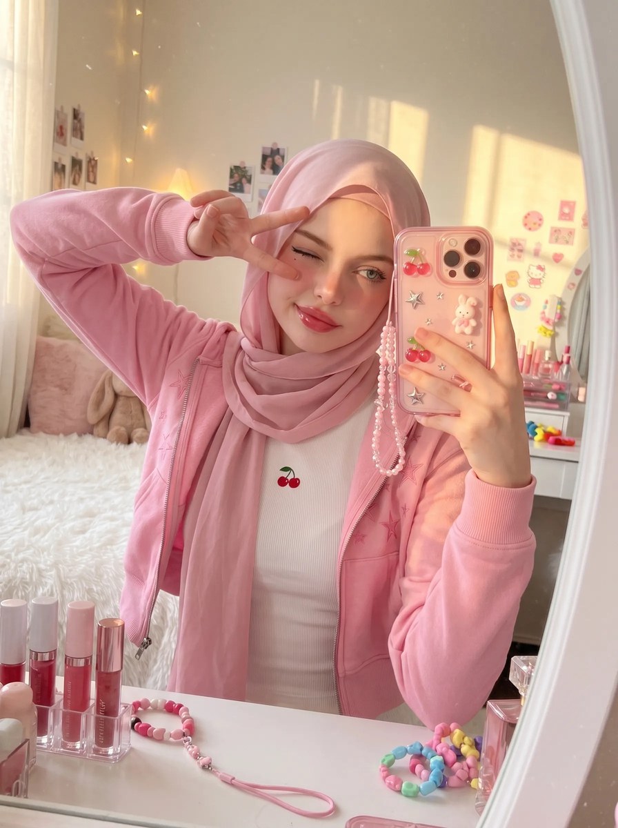 Pink Hijab Bedroom Mirror Selfie output 9