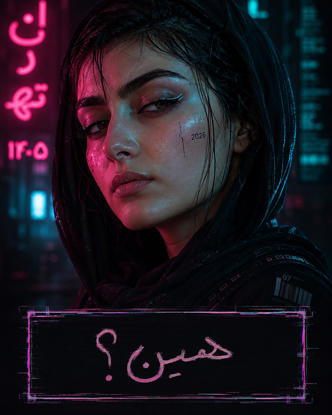 Cyberpunk Portrait of an Iranian Woman with “همین؟” Glitch Frame