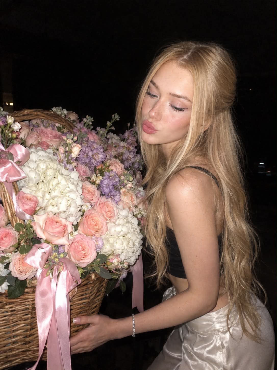 Candid Nighttime Flower-Basket Portrait output 1