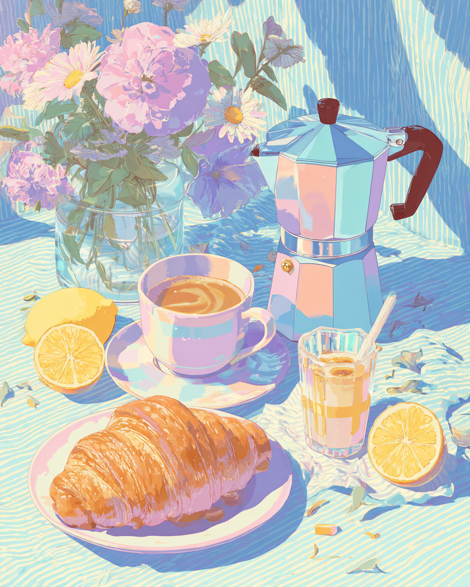 Pastel Coffee-and-Pastry Still Life Illustration