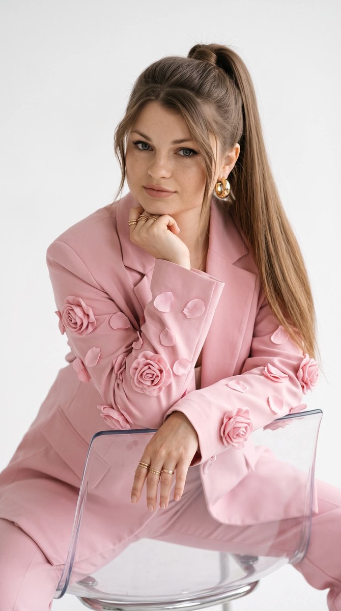 High-Fashion Pink Suit Studio Portrait output 1