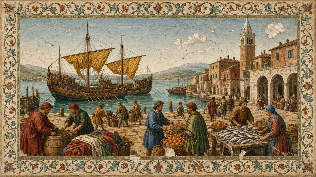 Italian Renaissance Fresco of a Harbor Market with Merchant Galleys