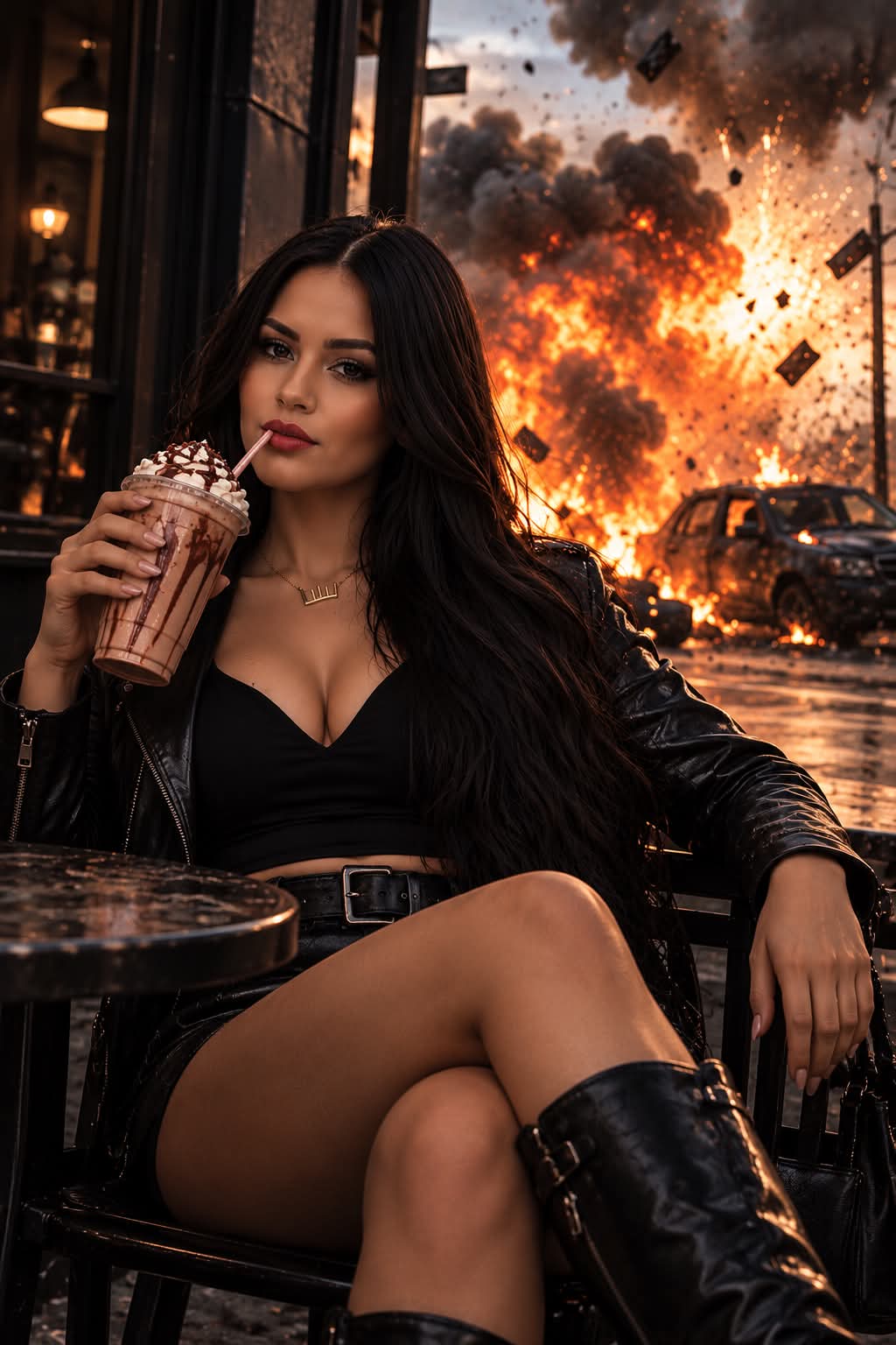 Unfazed Woman Enjoying a Milkshake Amid an Explosion
