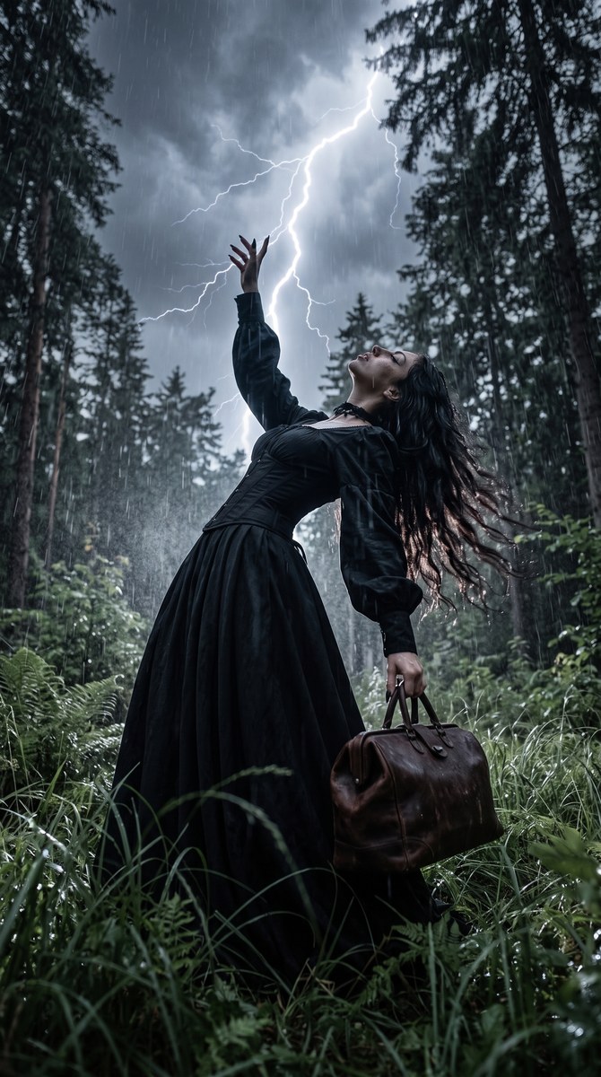 Gothic Witch in a Lightning-Storm Forest