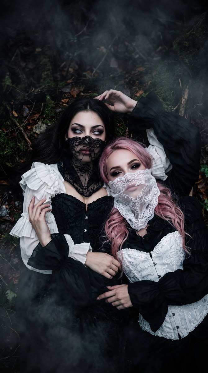 Gothic Portrait of Two Women in a Misty Forest