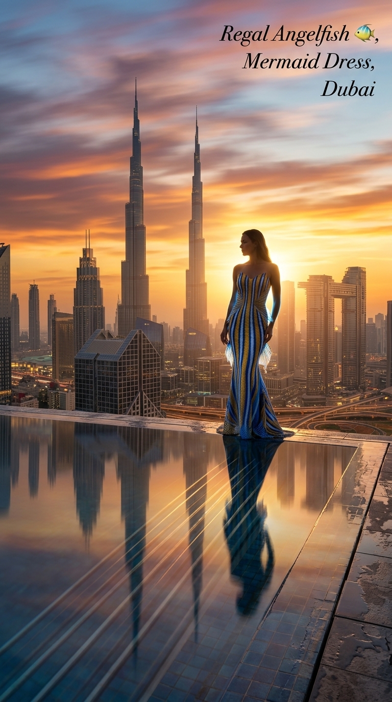 Tropical-Fish-Inspired Dress at a Rooftop Infinity Pool output 2