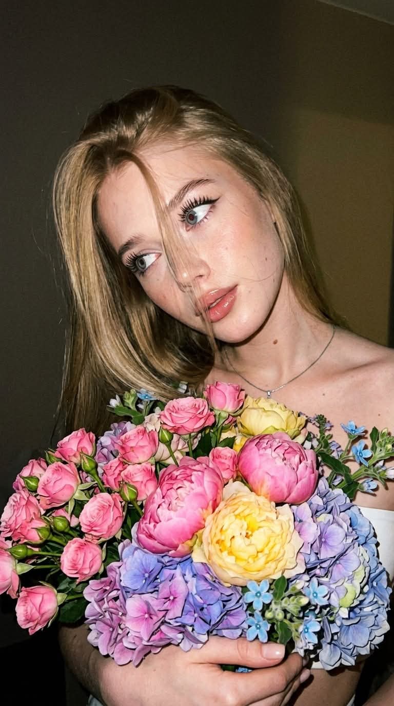 Flash-Lit Night Selfie with a Colorful Bouquet