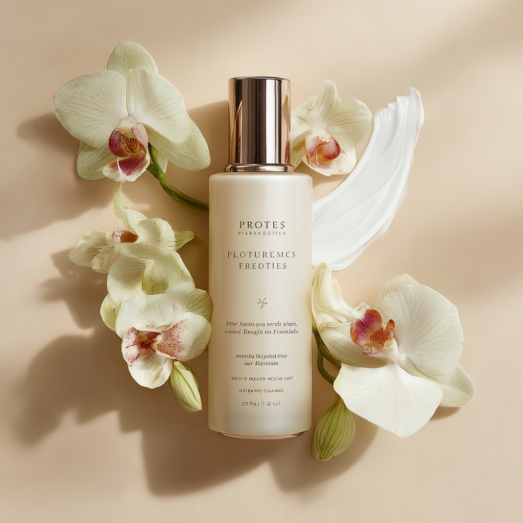 Minimalist Lotion Bottle Product Scene with Orchids