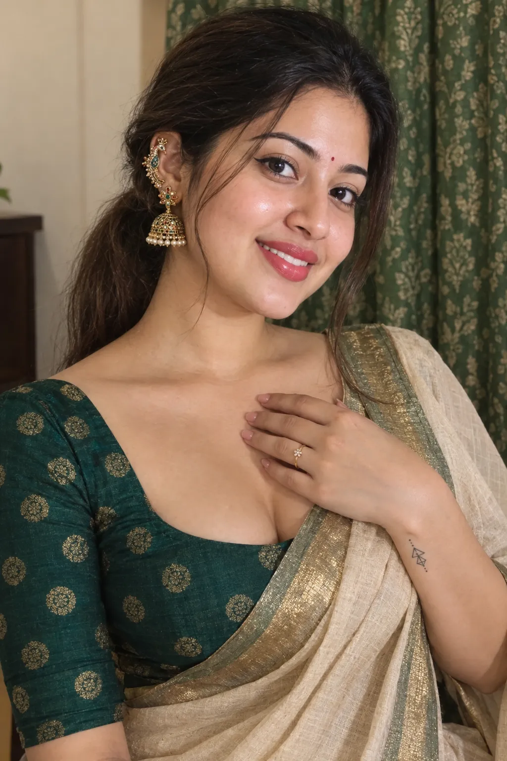 Realistic South Asian Woman in a Teal Saree