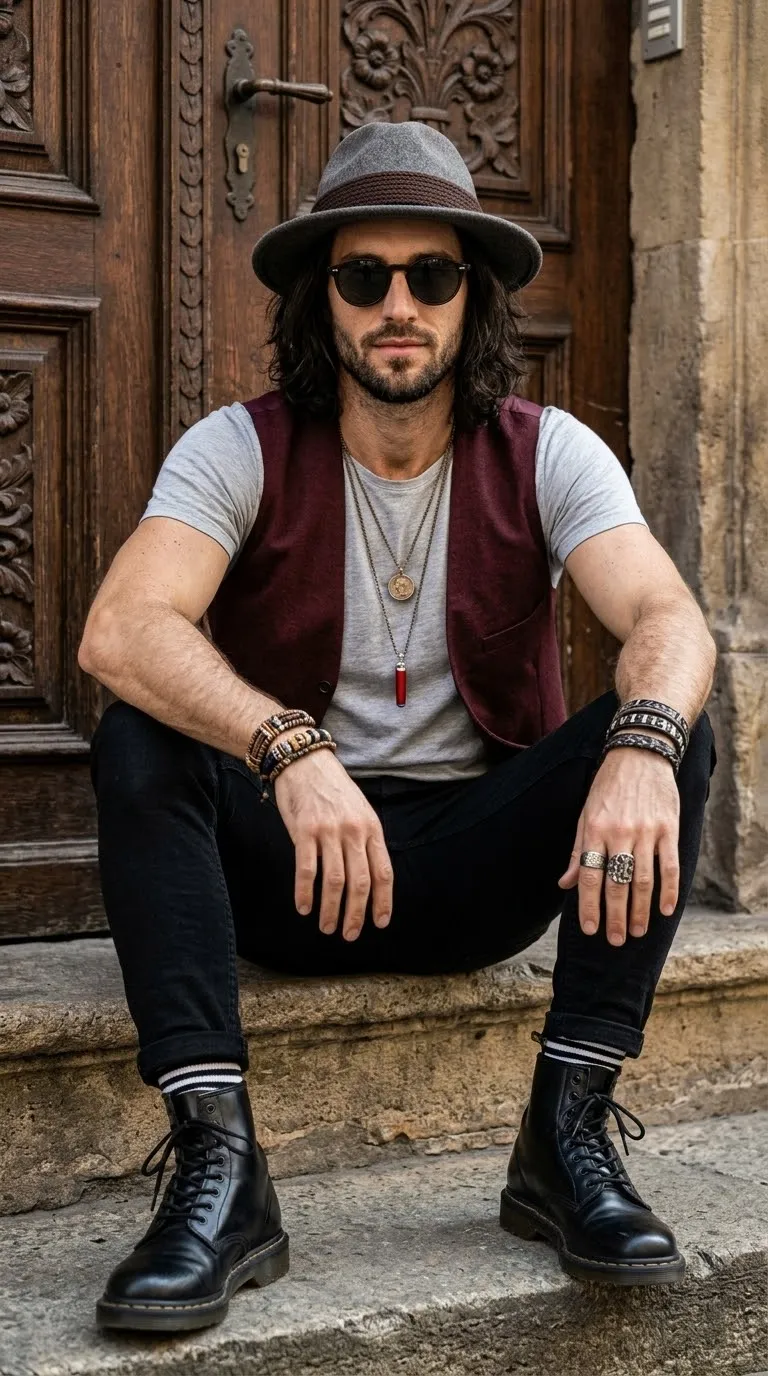 Bohemian-Vintage Men's Portrait on Historic Stone Steps