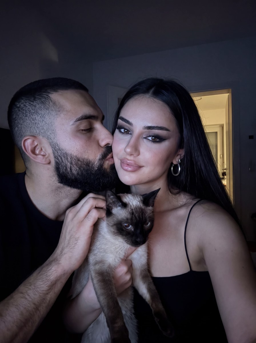 Dark Home Couple Selfie with a Siamese Cat