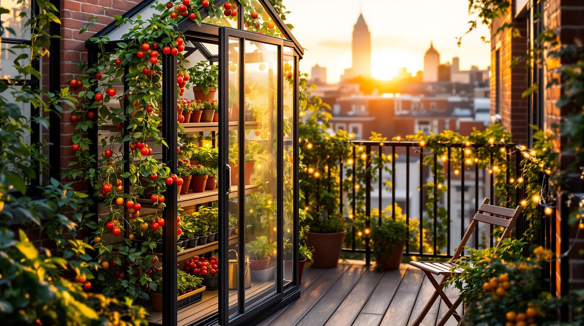 Photoreal Tiny Greenhouse on a City Balcony at Golden Hour