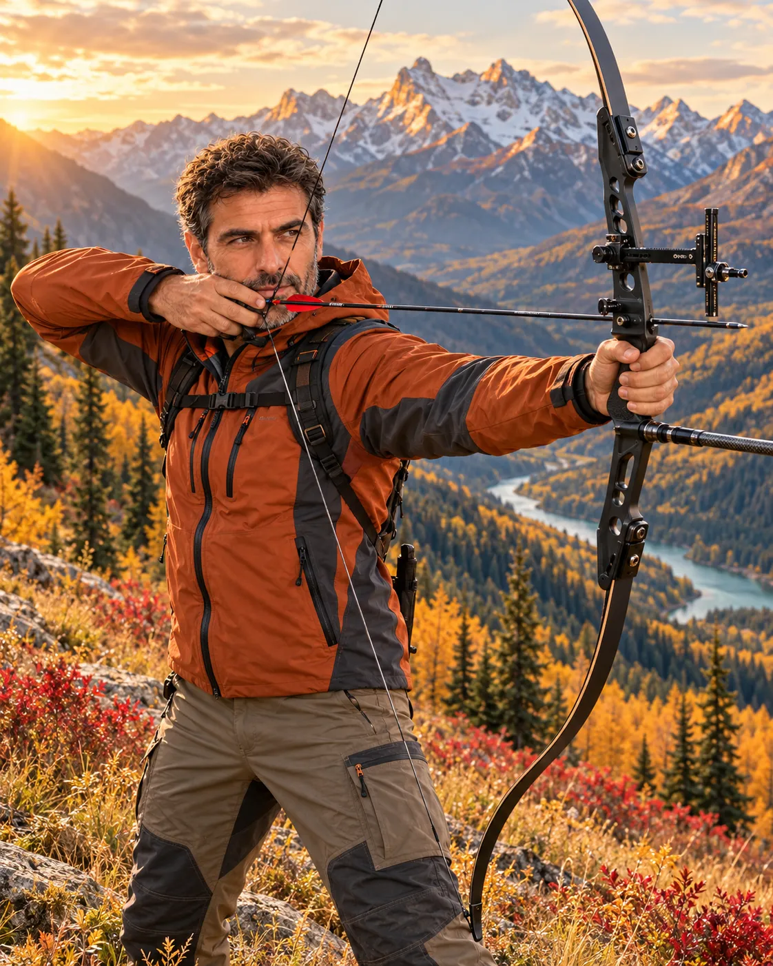 Golden-Hour Alpine Archery Portrait output 2