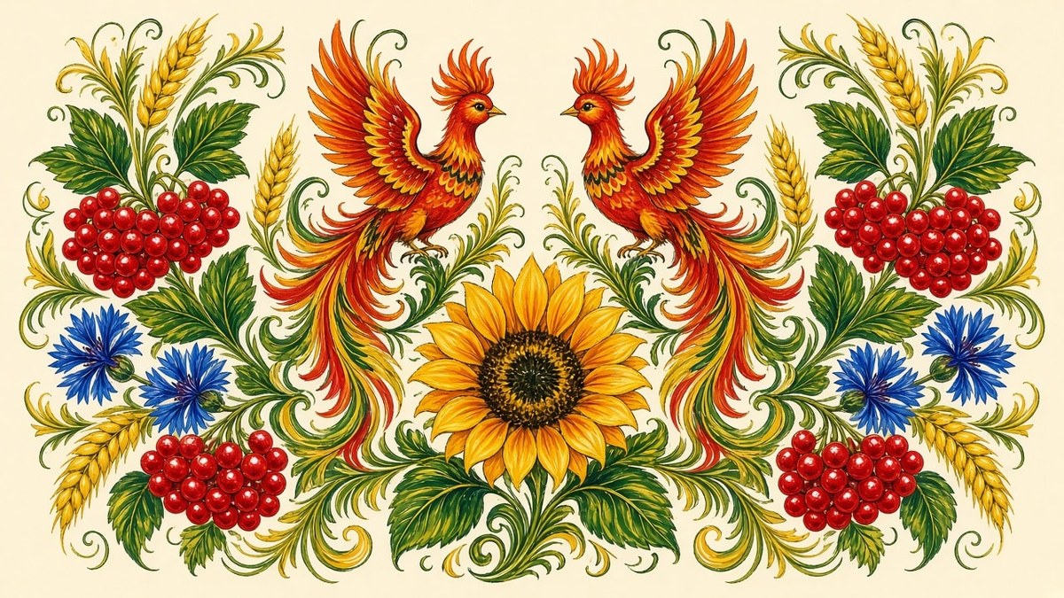 Ukrainian Petrykivka Folk Painting of Twin Firebirds Above a Sunflower