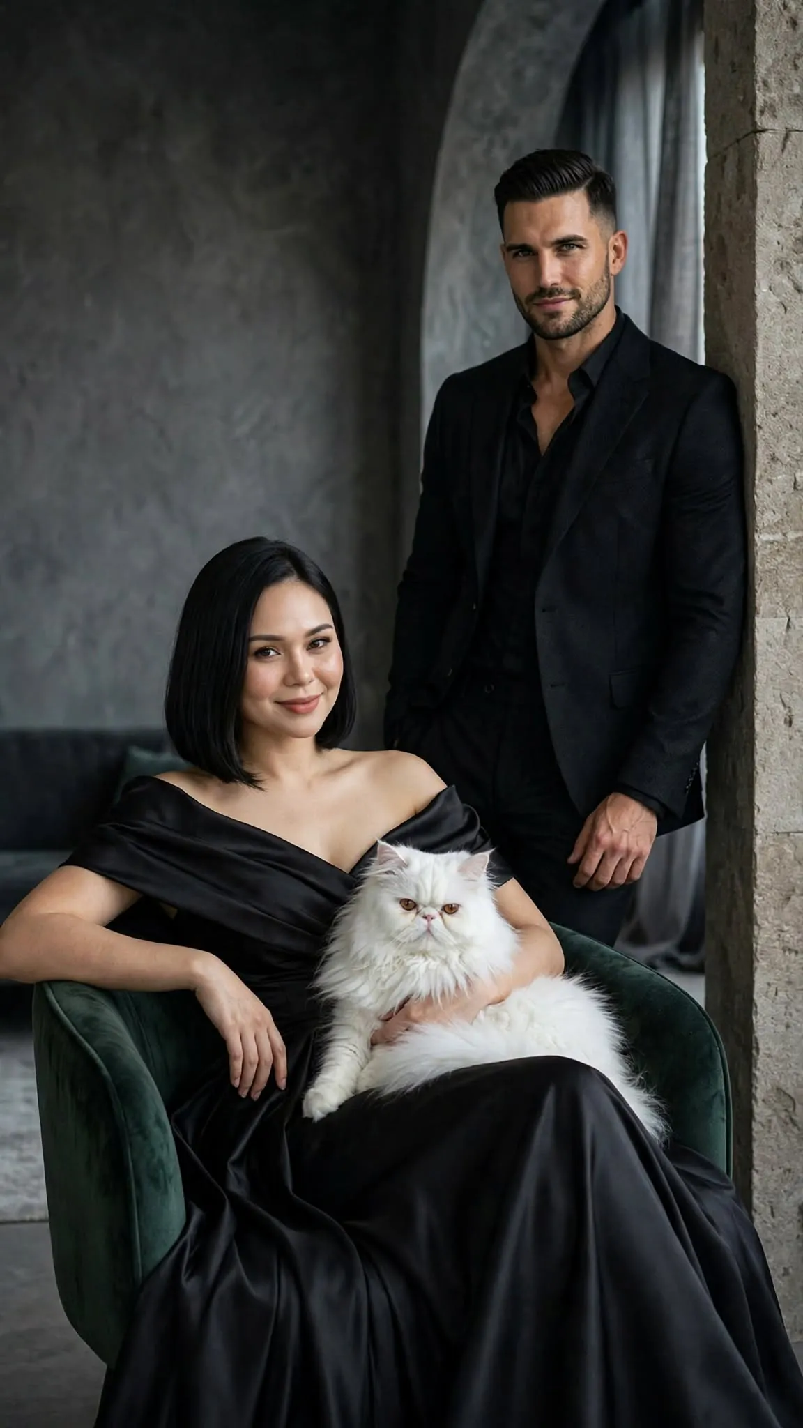 High-Fashion Portrait of a Couple with a Persian Cat