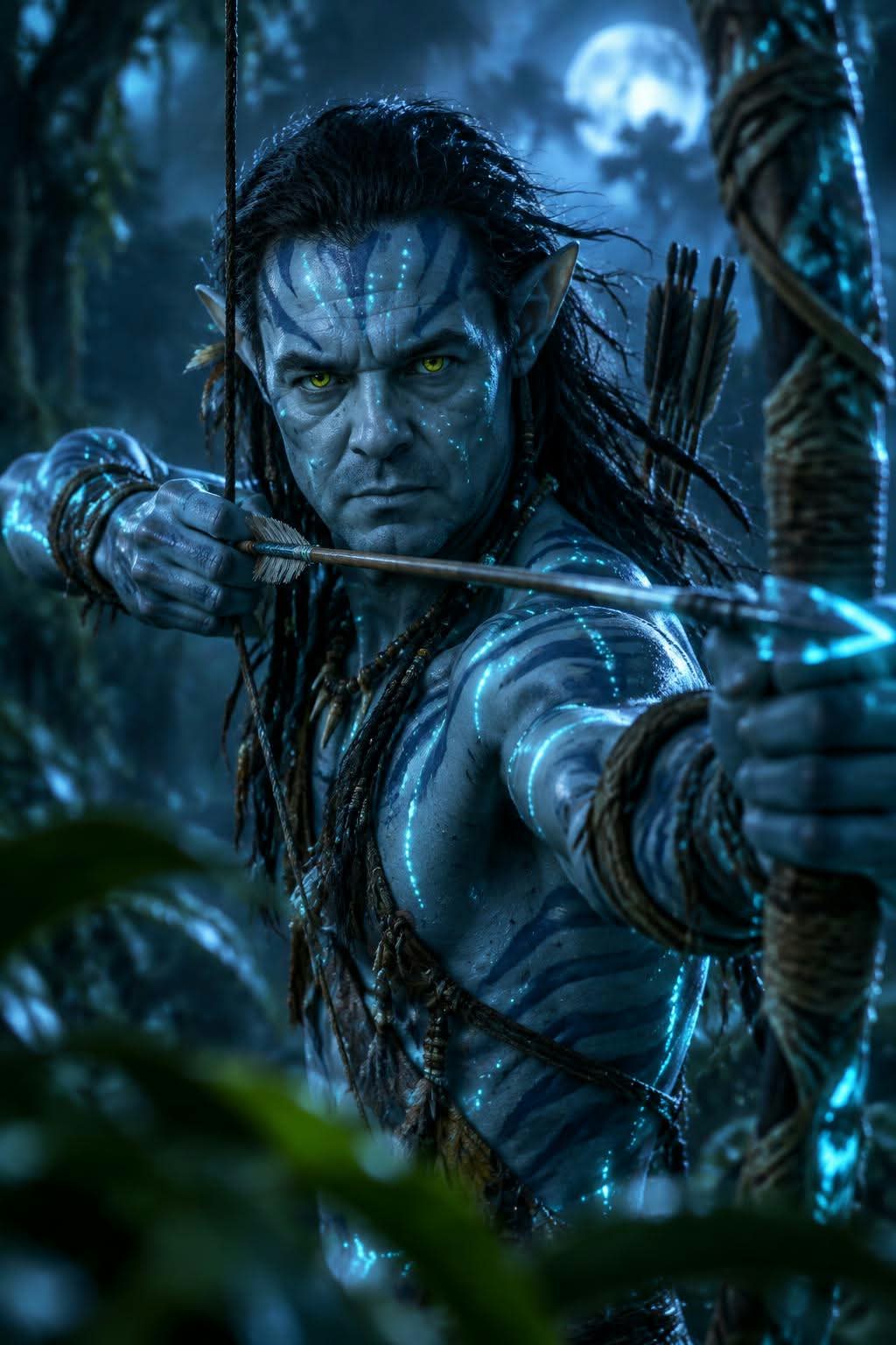 Photorealistic Blue Forest Warrior with a Bow