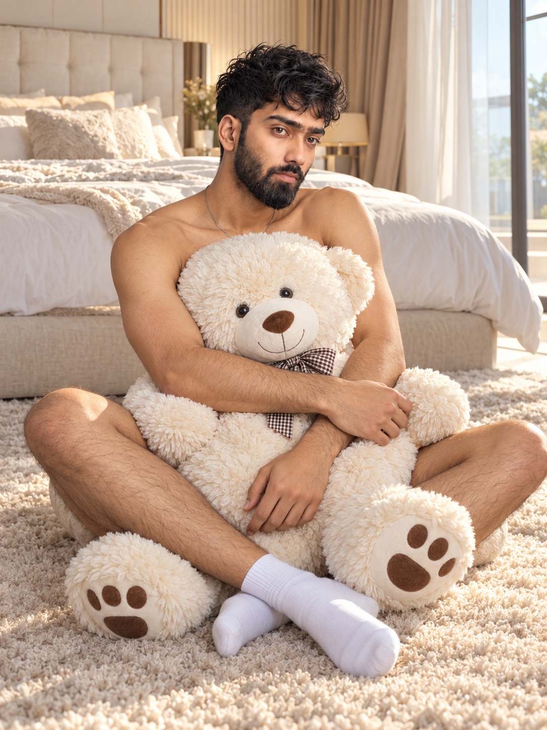 Sunlit Bedroom Portrait Hugging a Giant Teddy Bear output 1