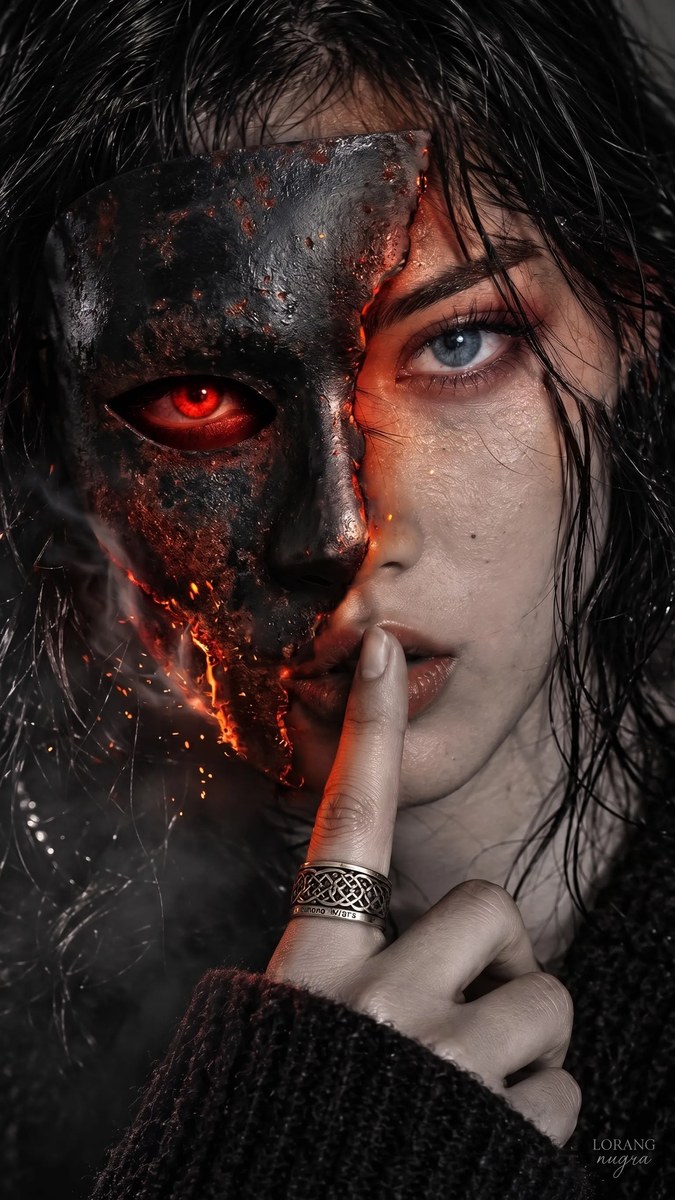 Dark Fantasy Portrait with a Smoldering Iron Mask
