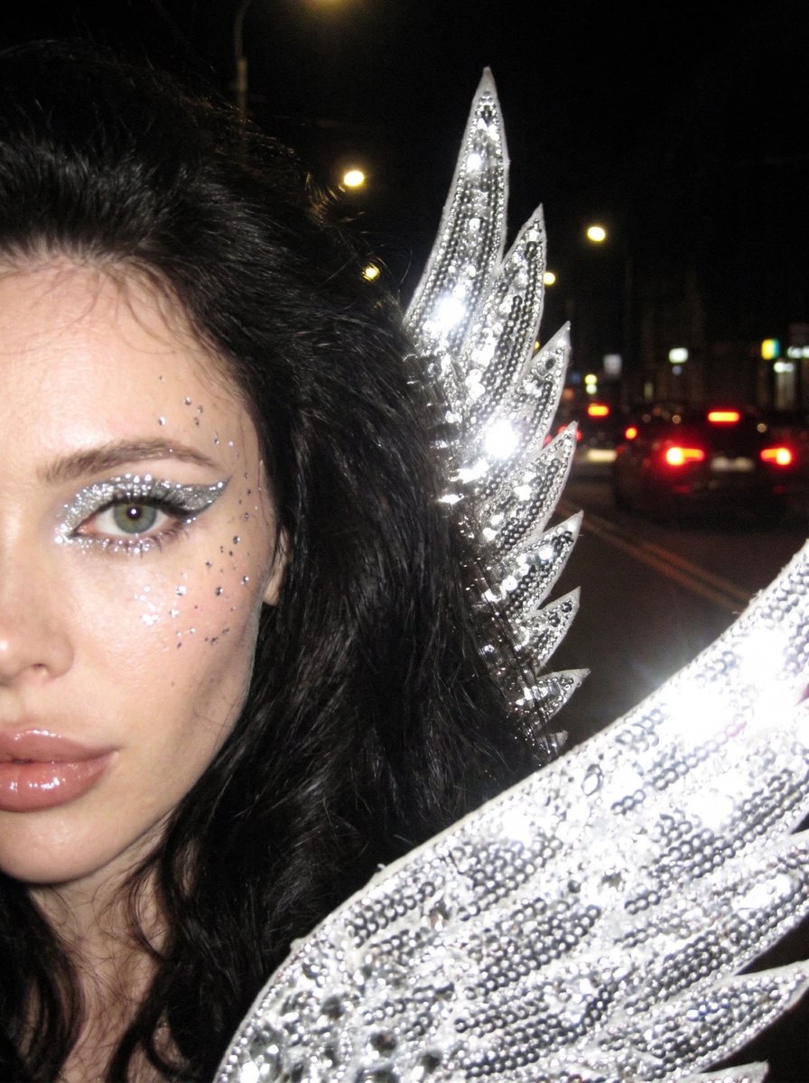 Y2K Nighttime Selfie with Silver Angel Wings