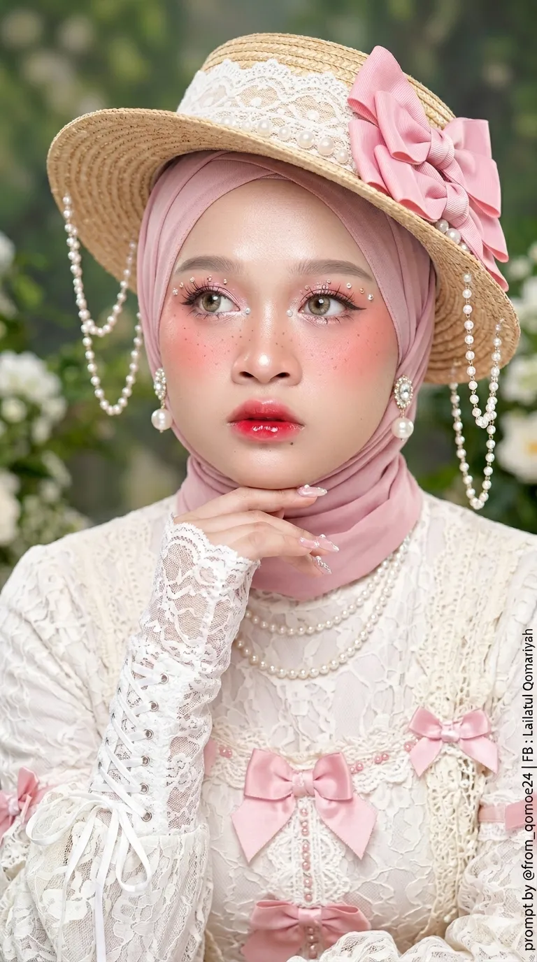 Pastel Coquette Portrait with a Satin Headscarf and Pearl Hat output 2