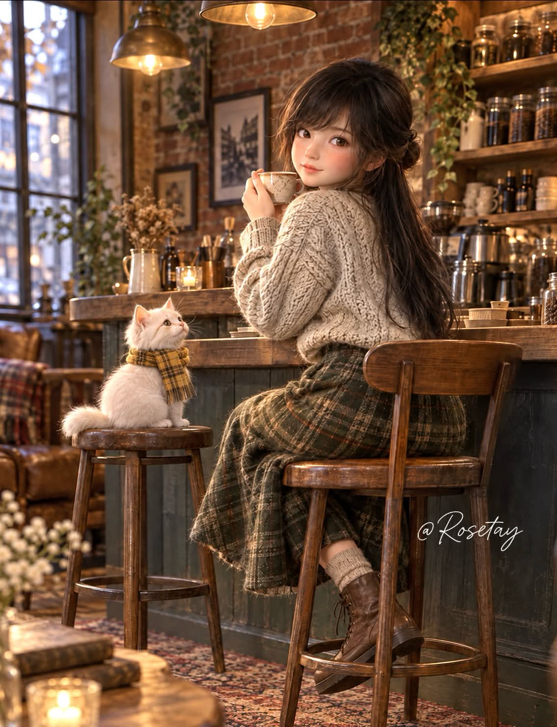 Cozy Coffee Shop Girl and Kitten 3D Render output 1