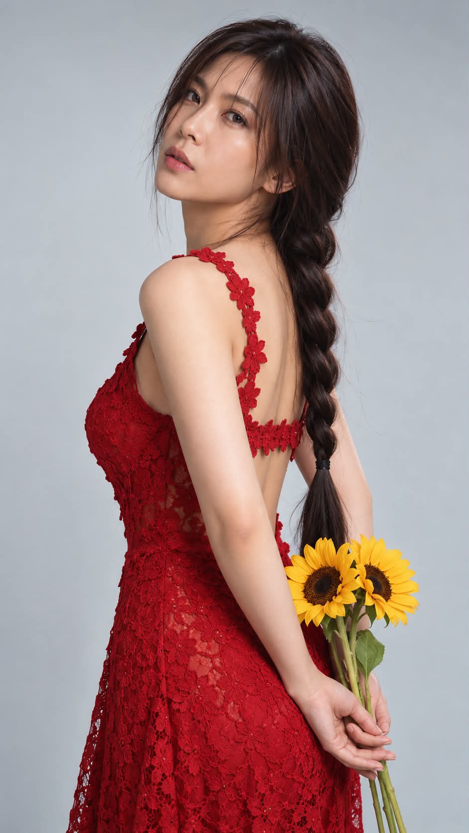 Red Lace Gown and Sunflower Fashion Portrait output 1