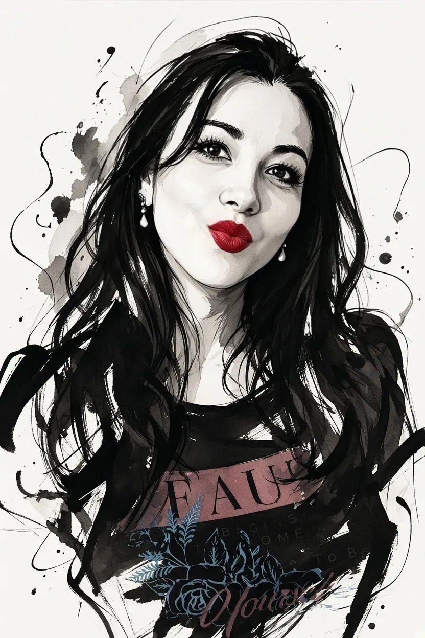 Expressive Ink Portrait with Selective Red Accents output 3