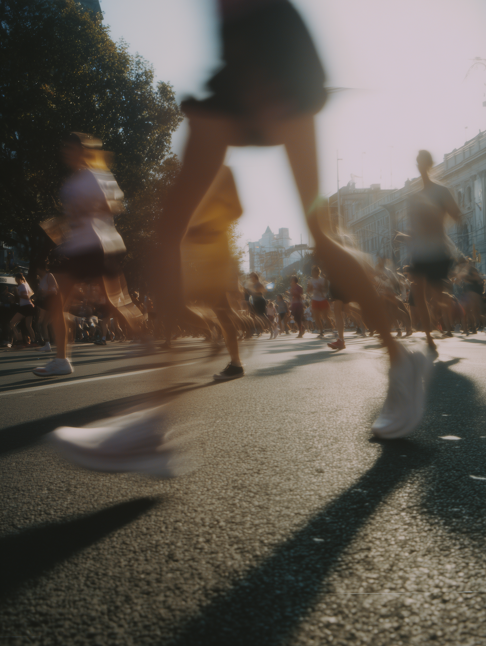 Create a Low-Angle Editorial Image of Runners in Motion
