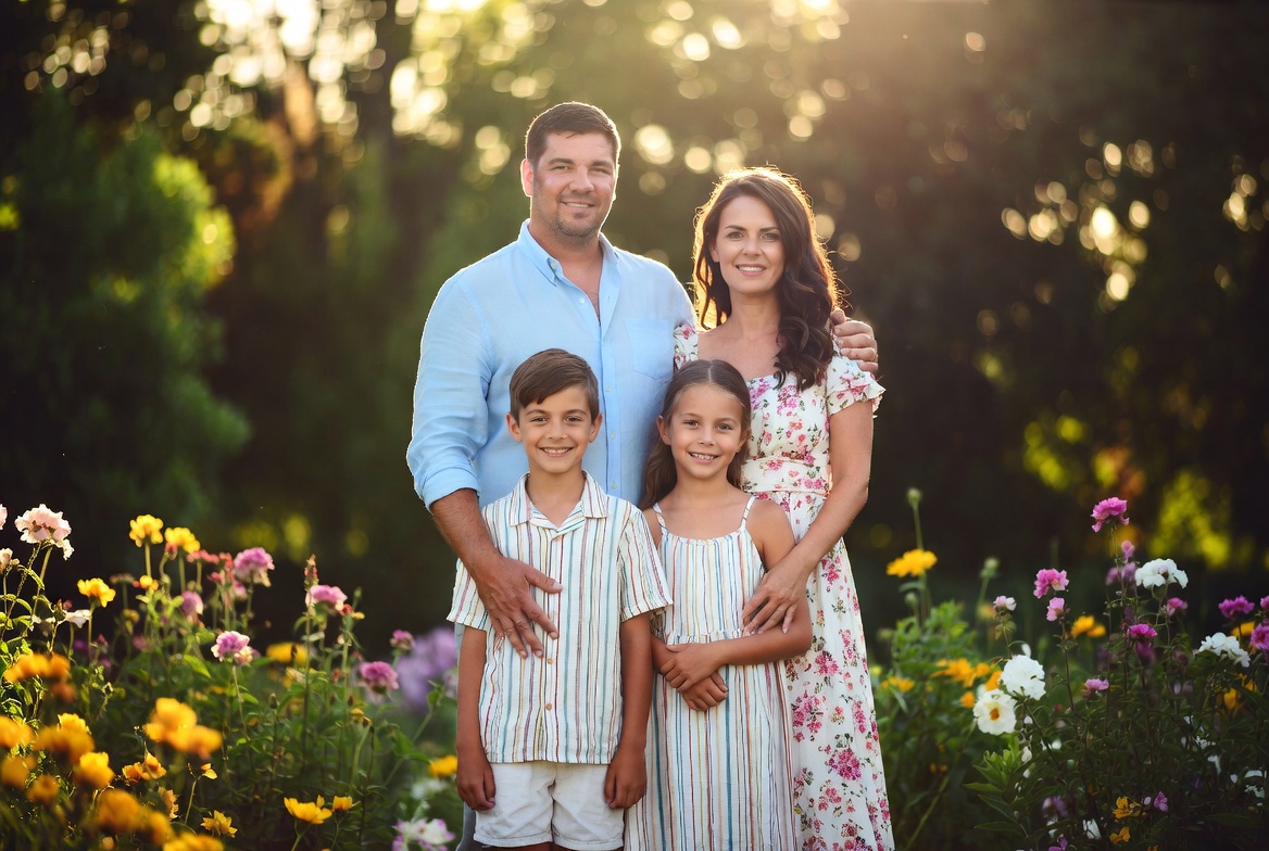 Generate a Family Portrait in a Blooming Garden