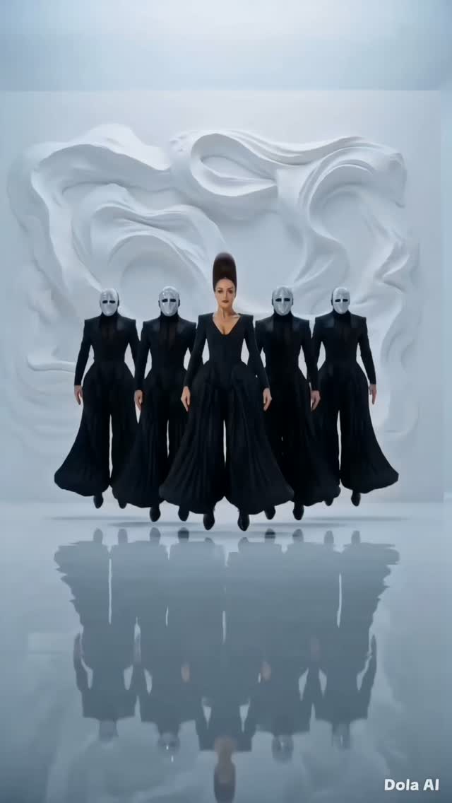 Diamond-Masked Dancers in a White Gallery