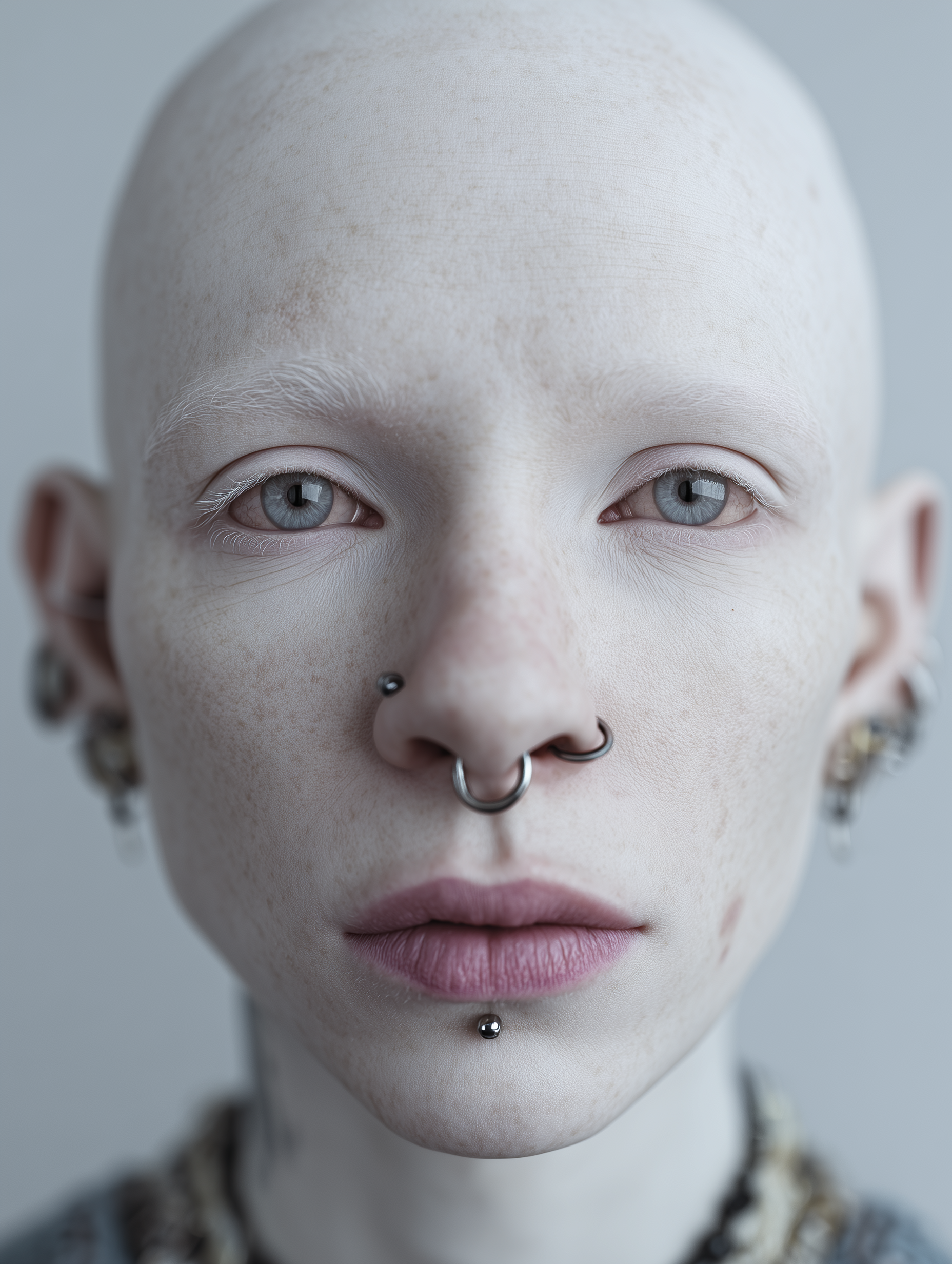 Hyperrealistic Portrait of a Bald Person with Albinism and Piercings